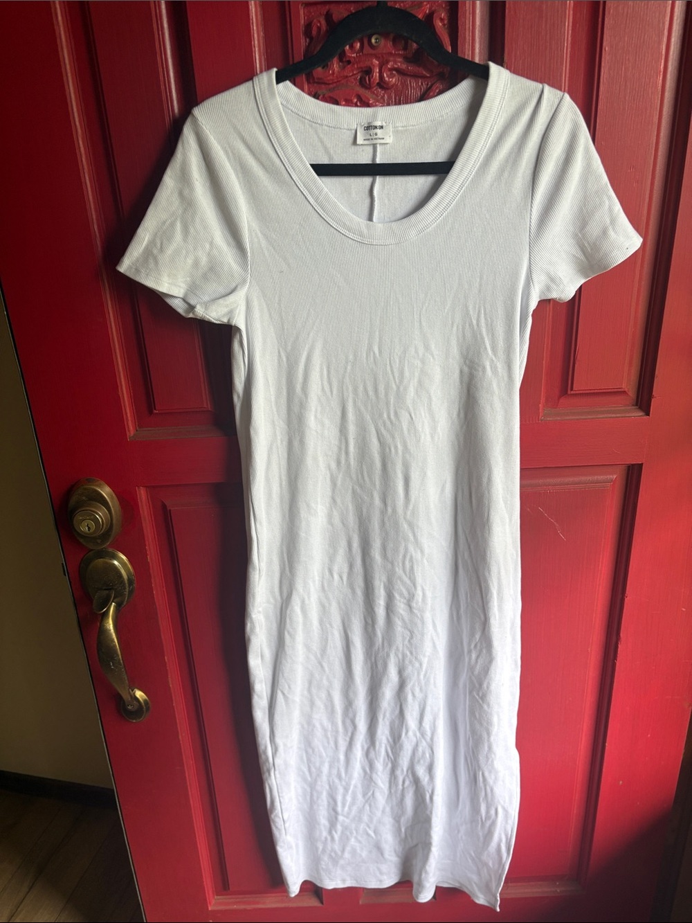 White Ribbed Short-Sleeve Midi Dress